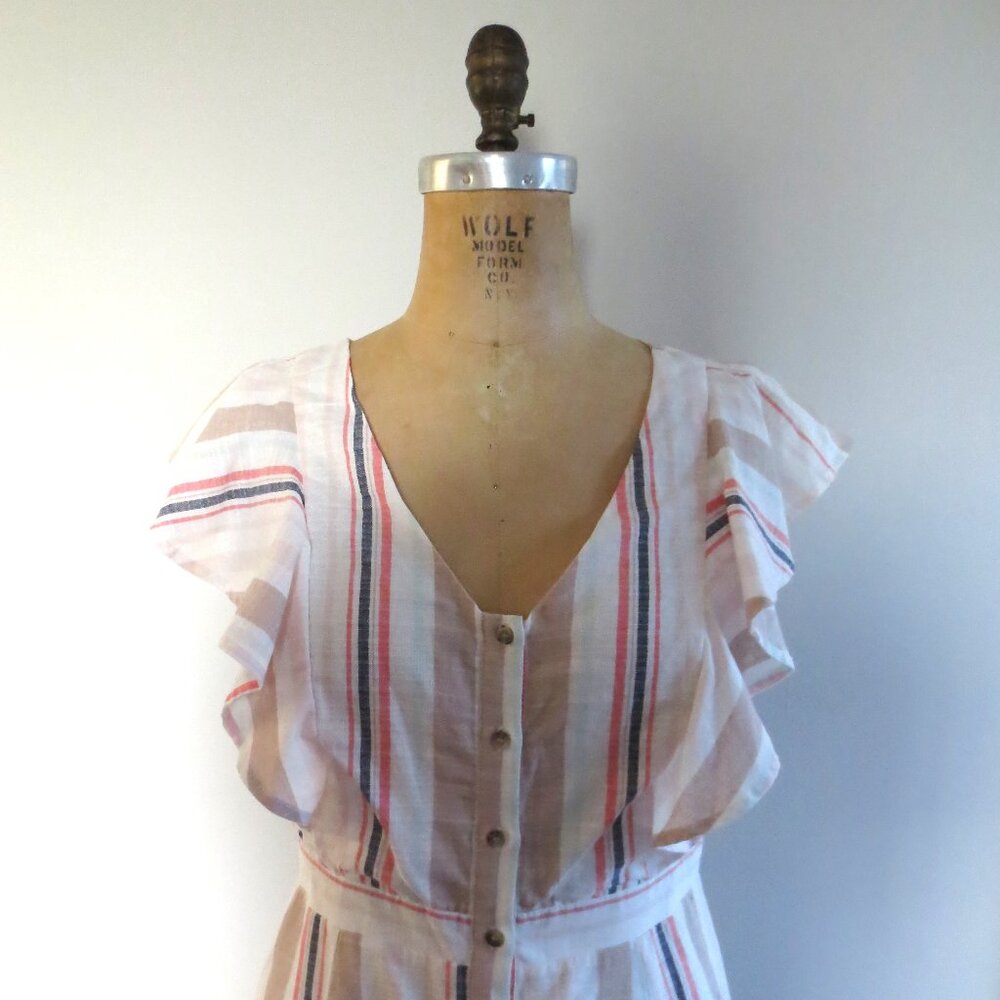 Cottage Core Button Down White & Tan Cotton Strip… - image 3